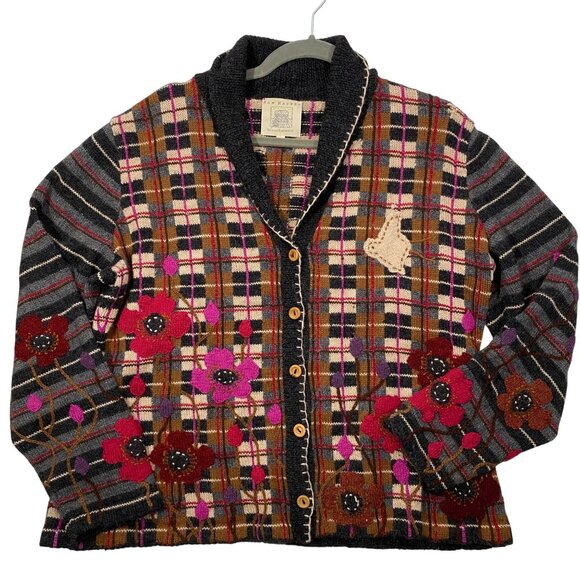 Nan Hadden Woolies Handknits embroidery Floral Plaid Cardigan Sweater W/chick L - Picture 1 of 9